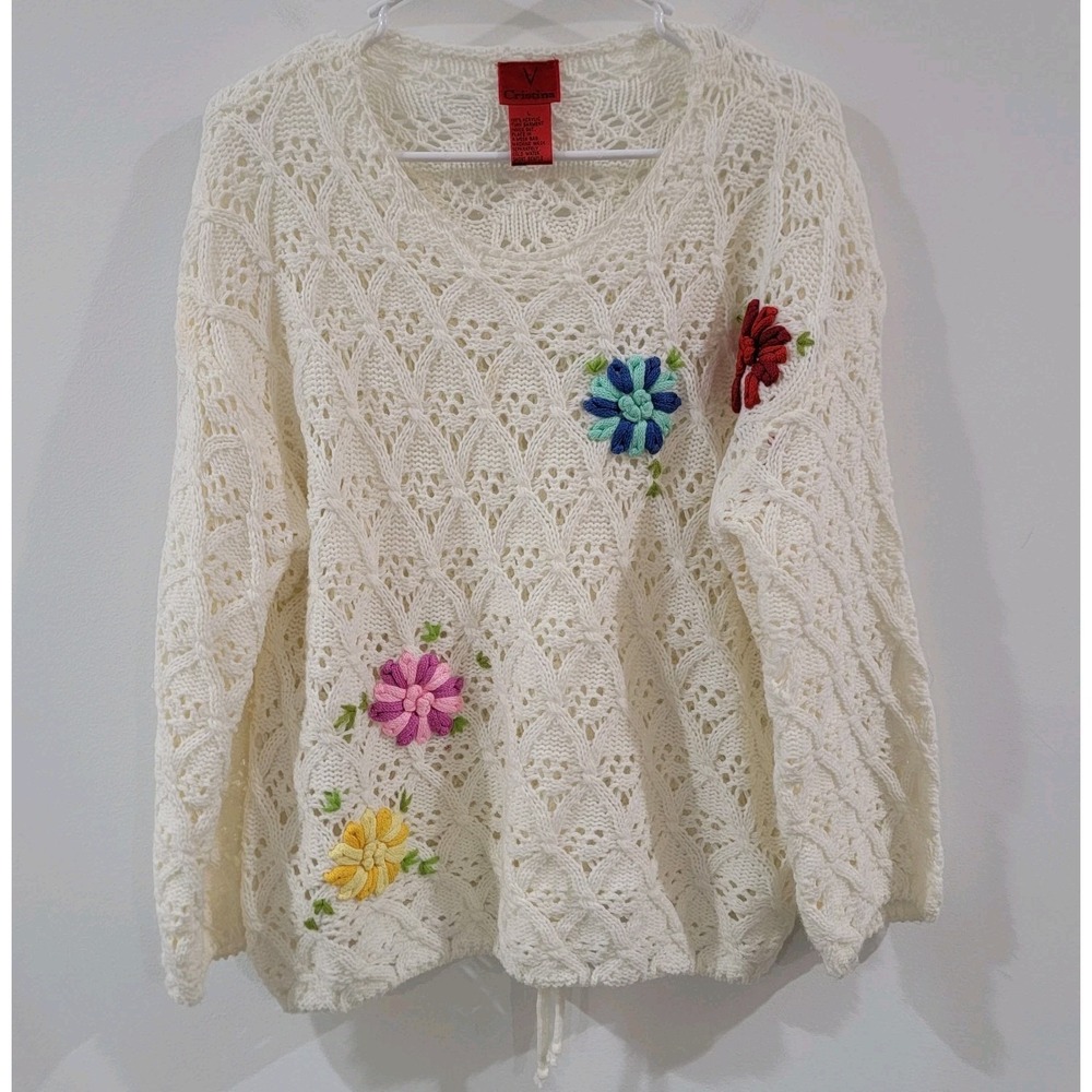 Womens Sweater Size Large Crochet‎ 3D Knit Pointelle Floral Cottage Indie Ivory